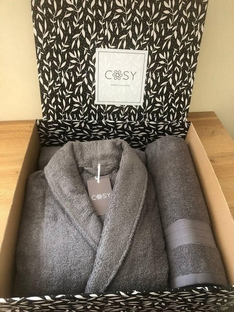 Подарунковий набір чоловічий Fortune махровий: халат шаль + рушник сірий в коробці Подарунковий набір чоловічий Fortune махровий: халат шаль + рушник сірий в коробці