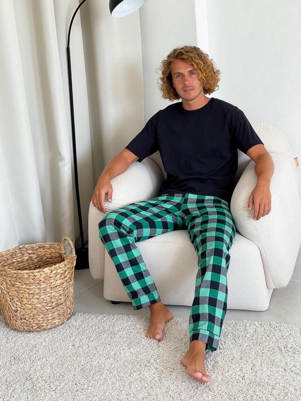 Чоловічі штани піжамні  із фланелі  зелено/чорний