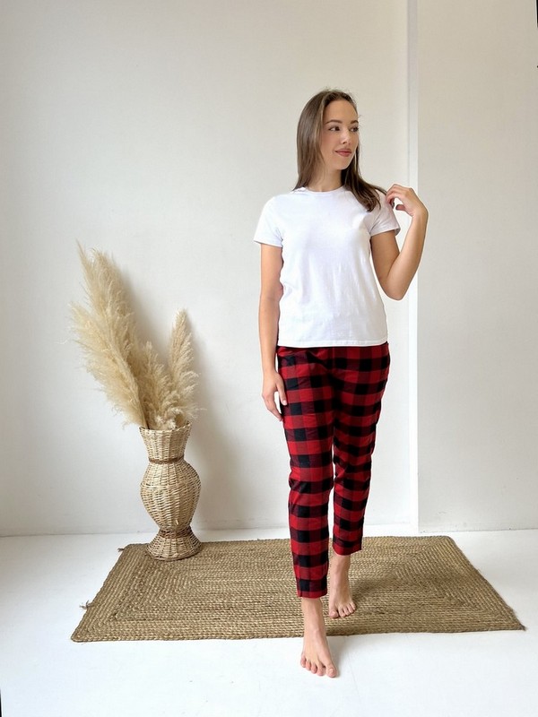 Жіночі штани в клітинку  червоно/чорні