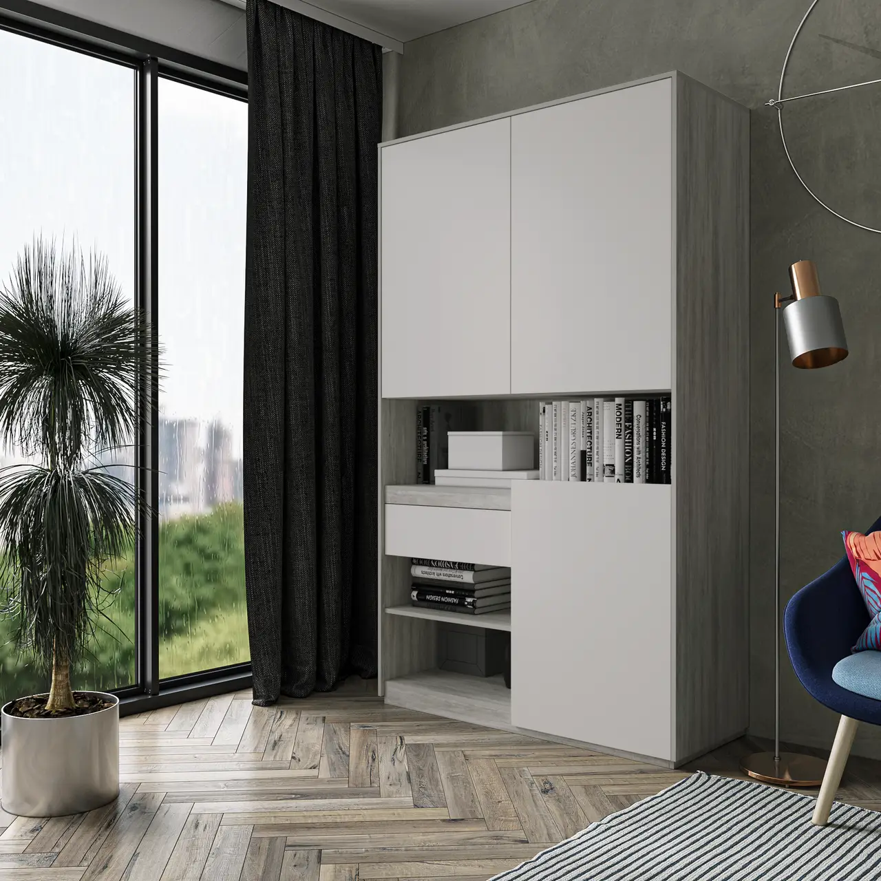 Шкаф распашной RS1, бетон/фасад белый