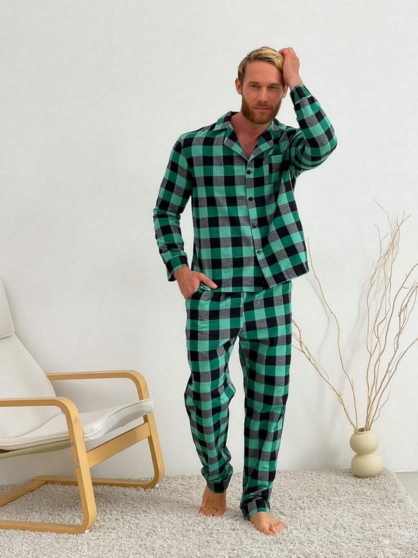 Чоловіча піжама  домашній костюм із фланелі (штани+сорочка)  клітинка зелено/чорна