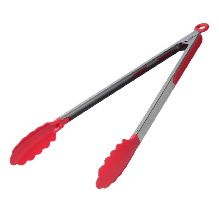 Щипцы Kamille нейлоновые 35.5см с ручками из нержавеющей стали красные.