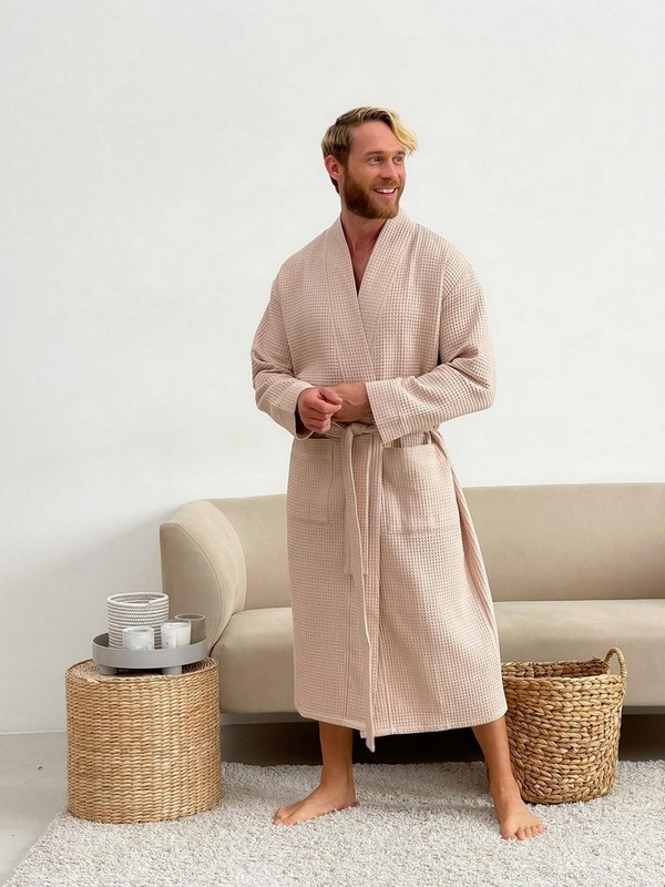 Вафельний халат чоловічий кімоно без коміра бежевий Вафельний халат чоловічий кімоно без коміра бежевий