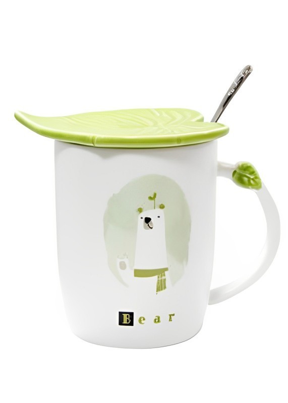 Кружка Olens  с крышкой и ложкой Зеленый лист мишка, 350мл