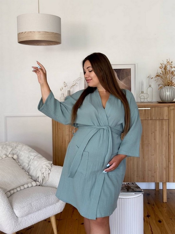 Женский халат-кимоно для беременных из муслина VM11 темно-оливковый S Женский халат-кимоно для беременных из муслина VM11 темно-оливковый S