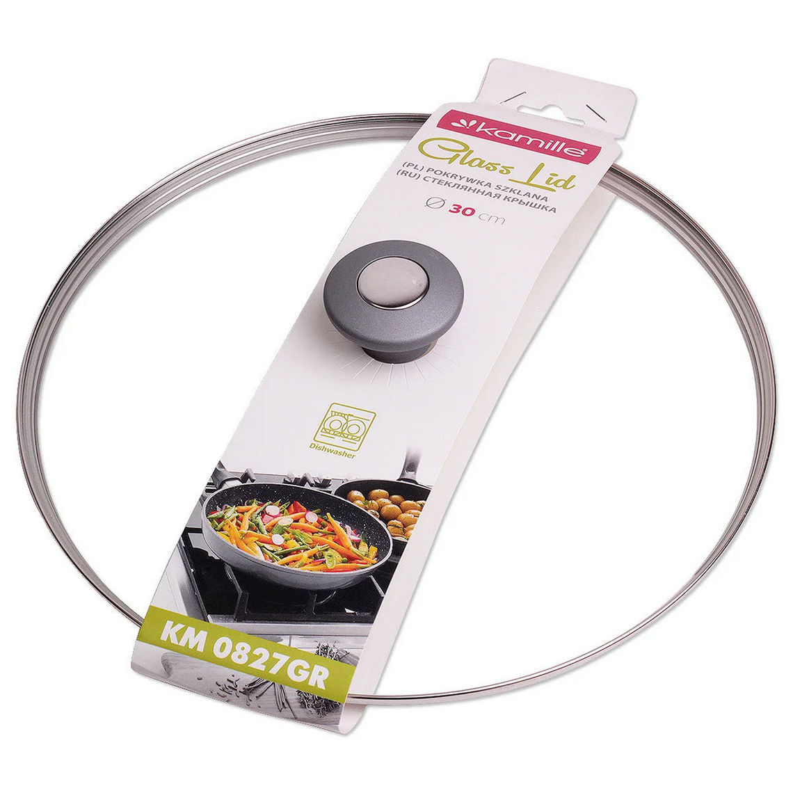 Крышка стеклянная Kamille 30 см, с металлическим ободком KM-0827GR Крышка стеклянная Kamille 30 см, с металлическим ободком KM-0827GR