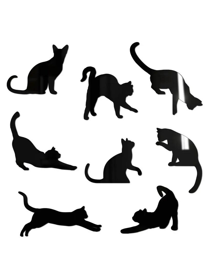 Глянцевая наклейка настенная акриловая зеркальная для декора "Кошки" 8 шт. чёрная Глянцевая наклейка настенная акриловая зеркальная для декора "Кошки" 8 шт. чёрная