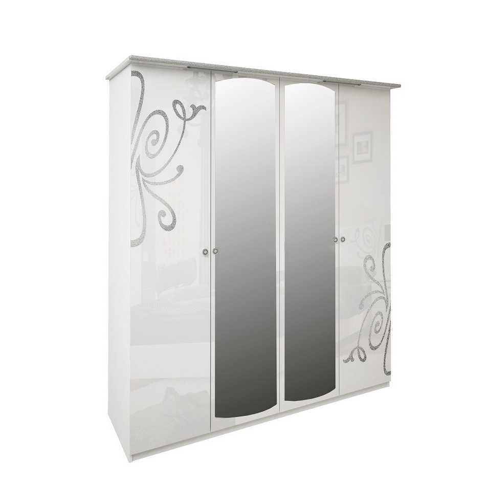 Шкаф распашной 4-х дверный  Богема Белый с зеркалом Шкаф распашной 4-х дверный  Богема Белый с зеркалом