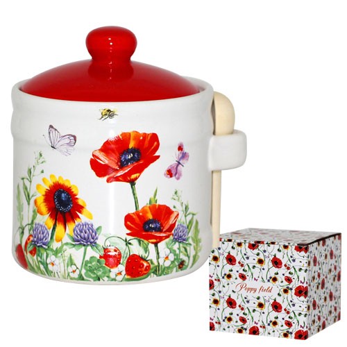 Банка для меду з дерев'яноюложкою Польовий мак 8х10см , 500мл Банка для меду з дерев'яноюложкою Польовий мак 8х10см , 500мл