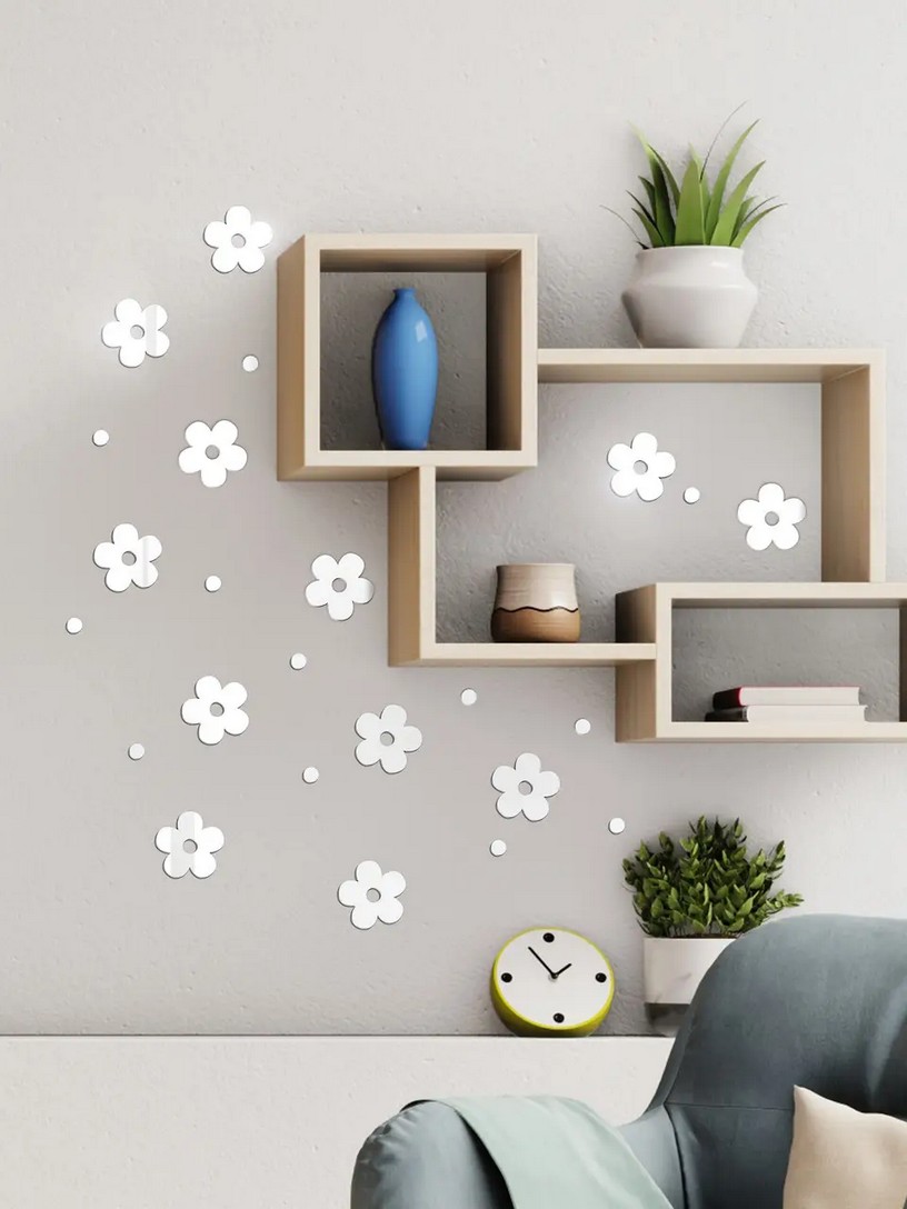 Зеркальный настенный акриловый декор наклейка "Сакура" 12 шт. серебро