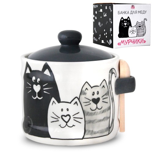 Банка для меду з дерев'яноюложкою Мурчики 8,5х10см , 420мл Банка для меду з дерев'яноюложкою Мурчики 8,5х10см , 420мл
