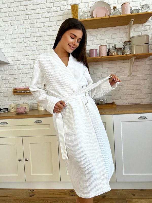 Вафельний жіночий халат, довгий, білий