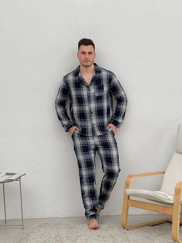 Пижама мужская  домашний костюм с фланели (штаны+рубашка)F601P  клетка темно-синяя/серая M
