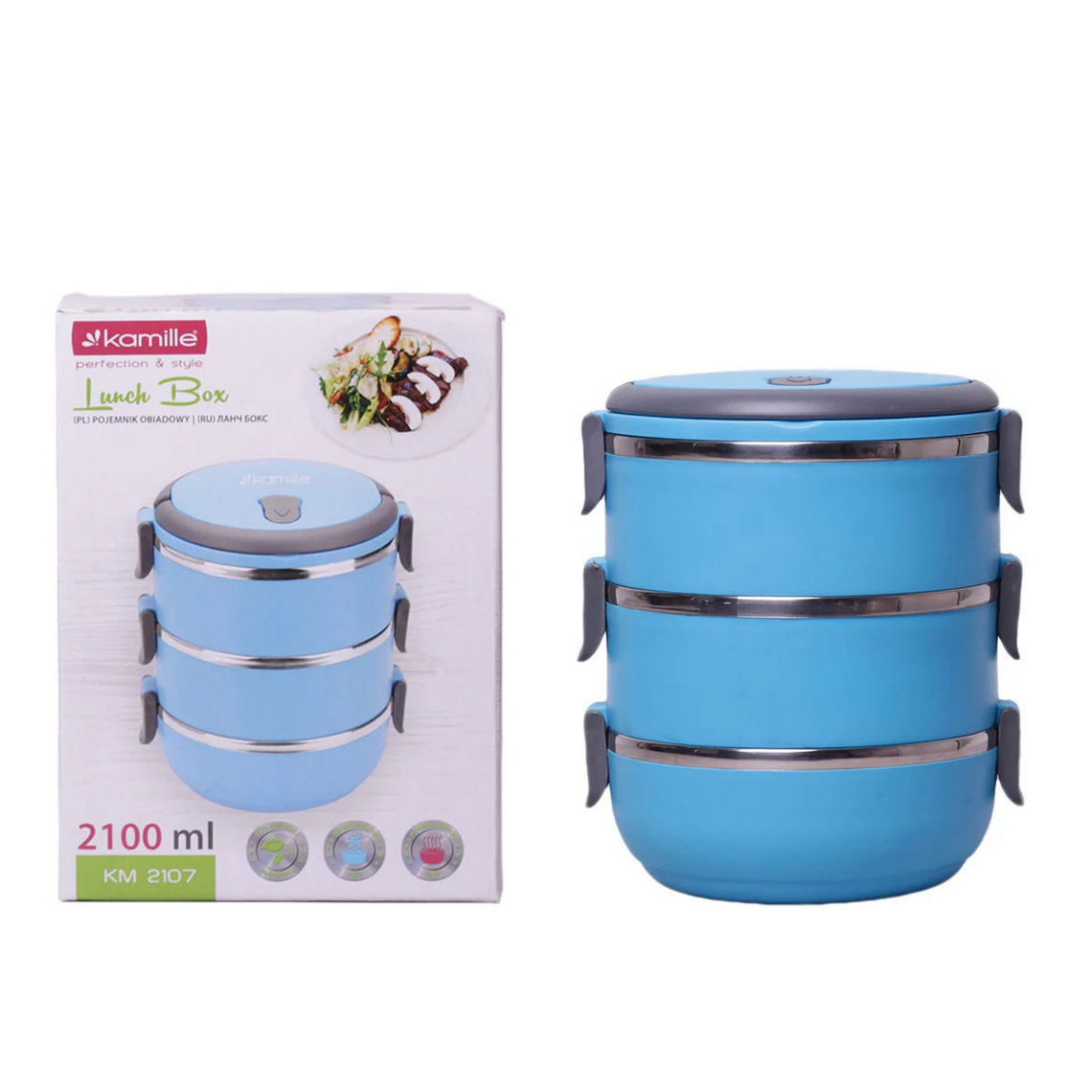 Ланч бокс обеденный тройной Kamille Голубой, 2100 мл KM-2107