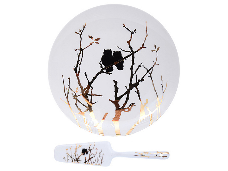 Блюдо для торта с лопаткой Lefard Золотые Совушки 27 см 924-510 Блюдо для торта с лопаткой Lefard Золотые Совушки 27 см 924-510