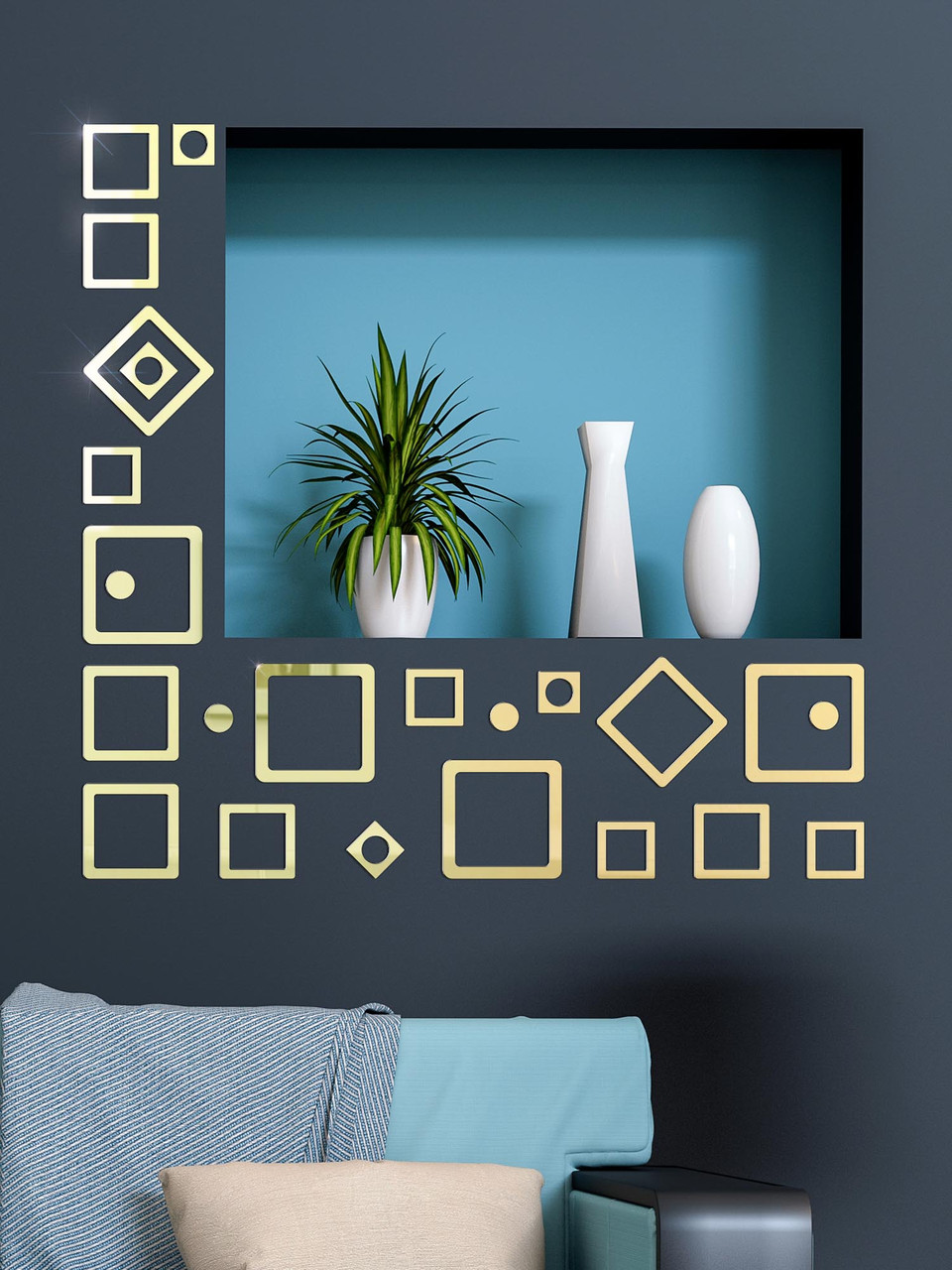 Дзеркальний настінний акриловий декор наліпка "Міні-Каре" 24 шт. золото