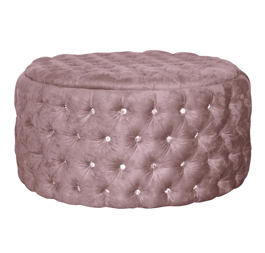 Пуф круглый AMSTER+ 100х50 с каретной стяжкой перламутровый велюр розовый