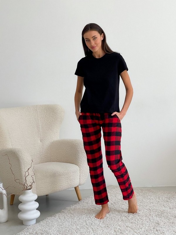 Женский  пижамный комплект в клеточку  штаны+футболка черная F70P+f02ws красно/черные S Женский  пижамный комплект в клеточку  штаны+футболка черная F70P+f02ws красно/черные S