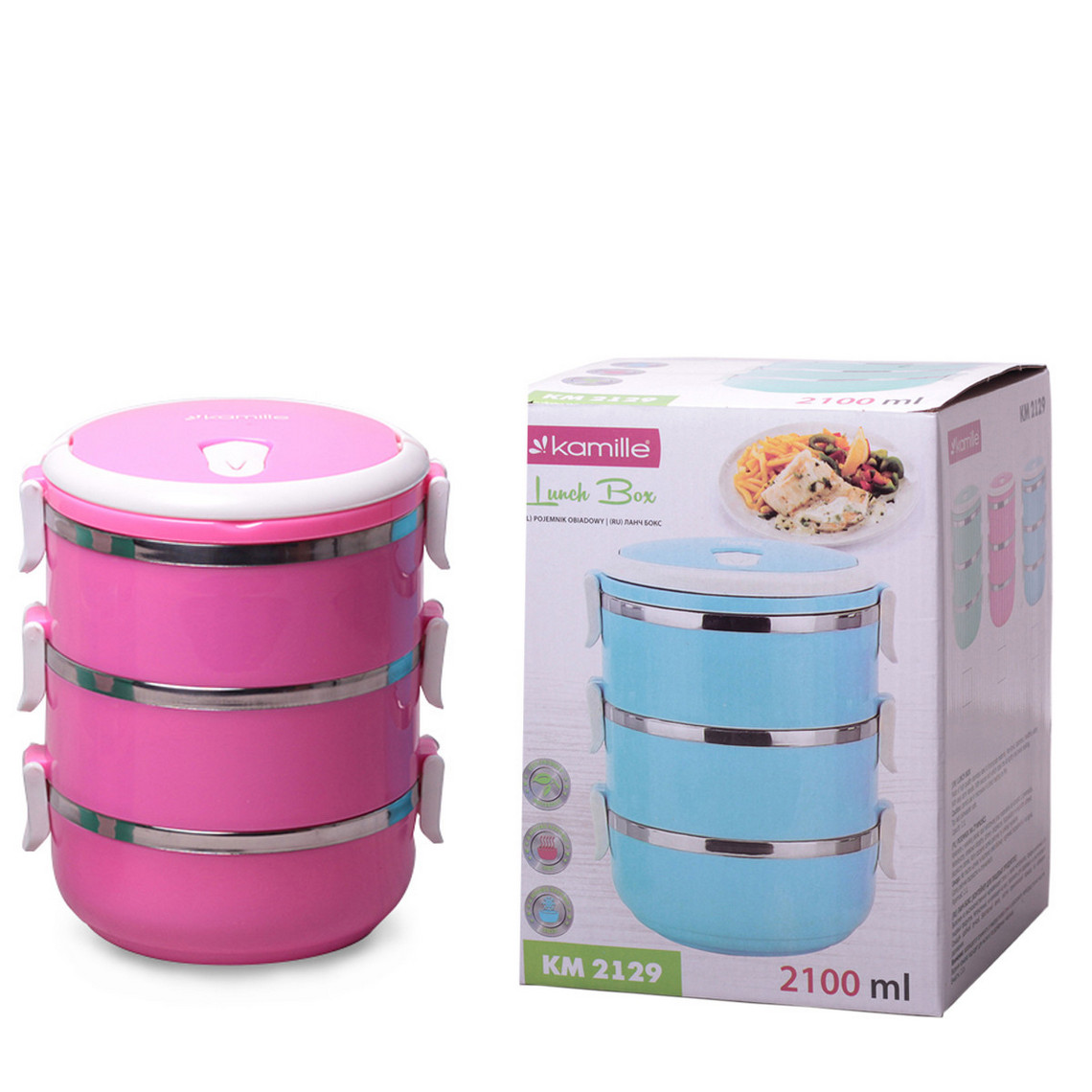 Ланч бокс обеденный тройной Kamille Розовый 2100 мл KM-2129