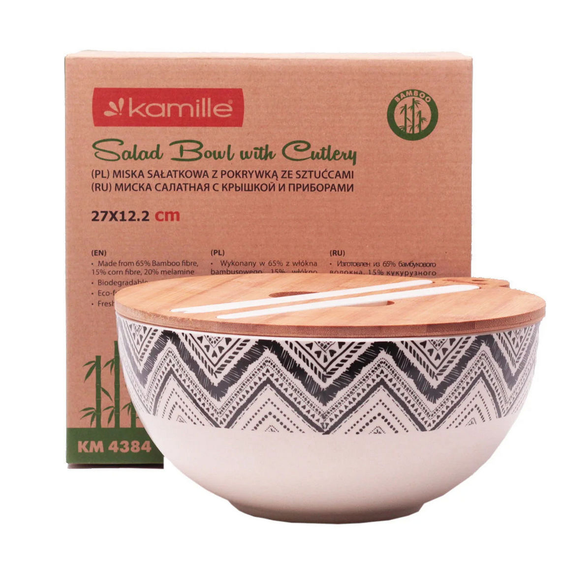 Миска Kamille Орнамент 27х12.2 см, из бамбукового волокна, с бамбуковой крышкой и приборами KM-4384 Миска Kamille Орнамент 27х12.2 см, из бамбукового волокна, с бамбуковой крышкой и приборами KM-4384