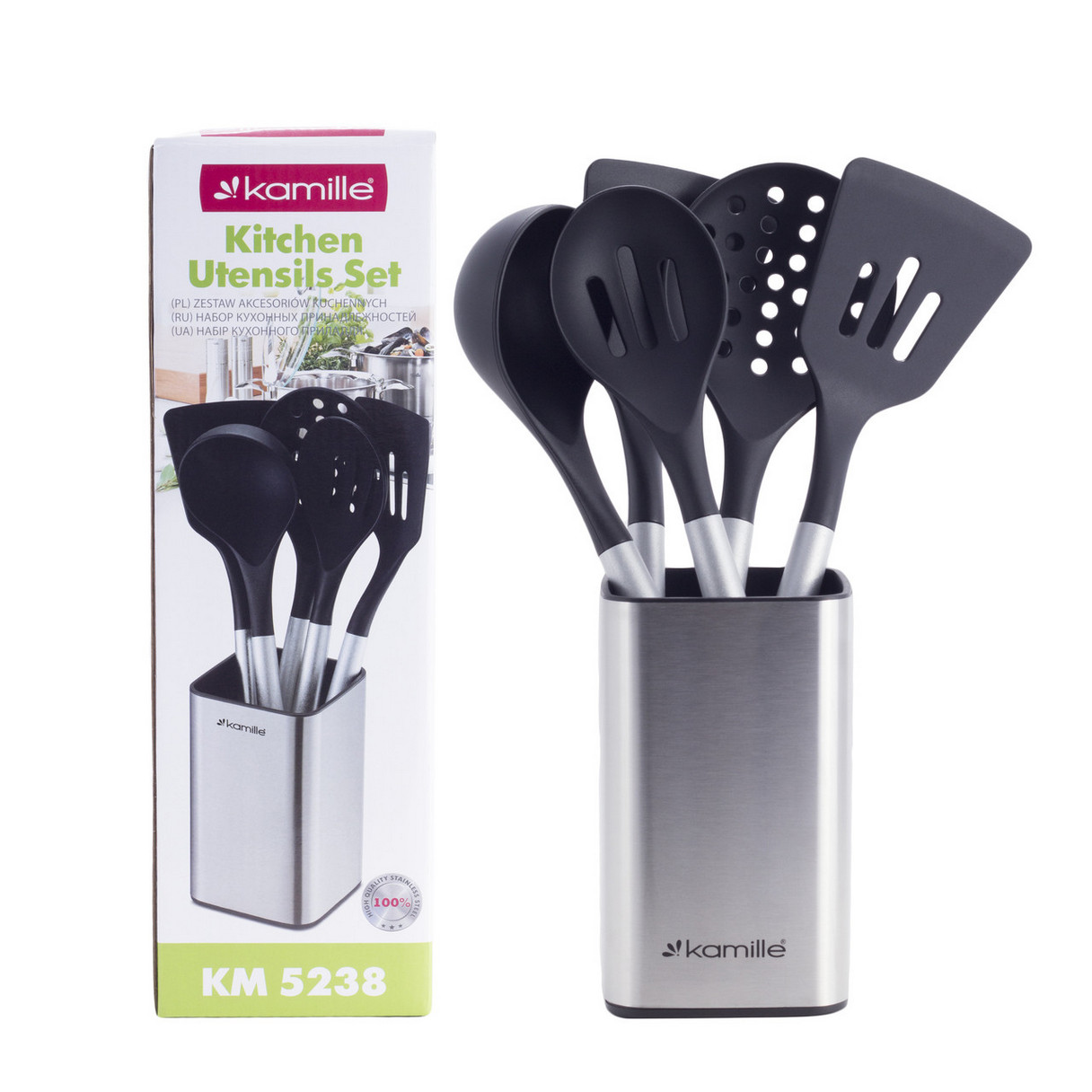 Набір кухонного приладдя Kamille з підставкою 6 предметів із нержавіючої сталі KM-5238