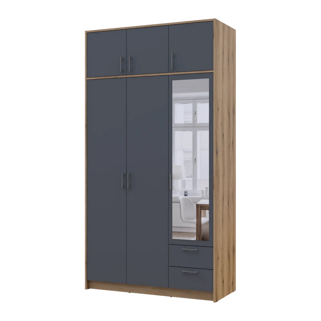 Шкаф для одежды Ронди с зеркалом и антресолей Дуб Артизан/Графит 3-х дверный ДСП 121х52х236 см