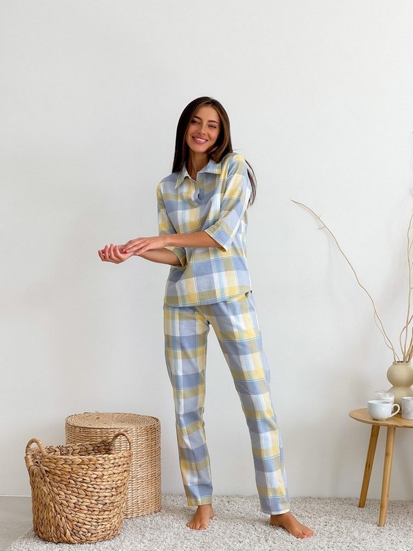 Женский тёплый домашний комплект в клеточку  рубашка+штаны F51P желто/серый S