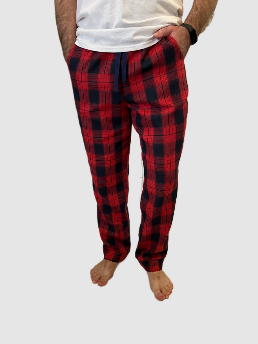 Мужские брюки пижамные домашние с фланели F220P клетка красно/темно-синяя M