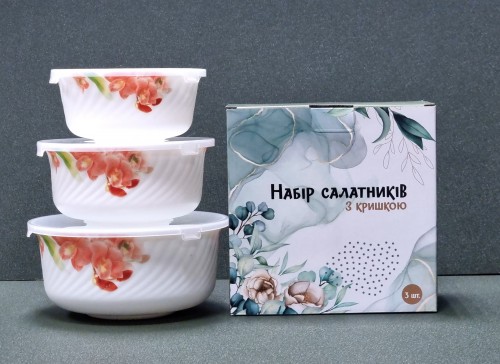Набор салатников с крышкой 3 шт 19см , 16,5см , 14см  Орхидея Ванда Набор салатников с крышкой 3 шт 19см , 16,5см , 14см  Орхидея Ванда