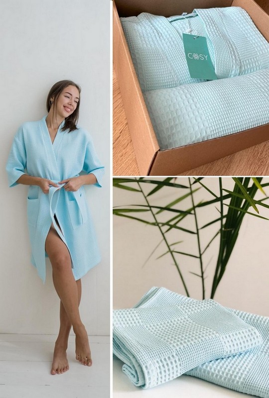 Подарочный набор Мозаика Халат кимоно женский вафельное с  полотенцем 102Cb011k (ментол) в коробке S