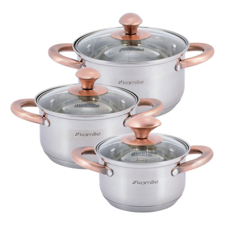 Набір каструль Kamille з нержавіючої сталі 6 предметів, для індукції та газу (1.0 л, 1.5 л, 2.0 л) KM-4936