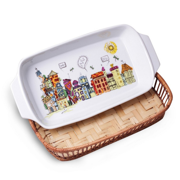 Форма Kamille керамічна для запікання прямокутна з ротанговим кошиком фото 3
