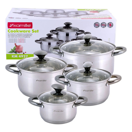 Набір каструль Kamille з нержавіючої сталі, 8 предметів, для індукції та газу (1.5 л, 2.0 л, 3.0 л, 5.0 л) KM-4927