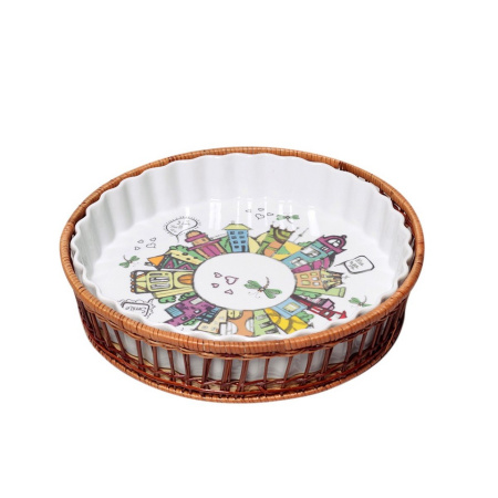 Форма Kamille керамічна для запікання 2.1л кругла з ротанговим кошиком