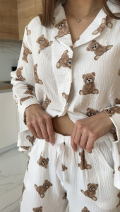 Жіноча Муслінова піжама ведмедики Teddy  штани+сорочка білий фото 5 Жіноча Муслінова піжама ведмедики Teddy  штани+сорочка білий фото 5