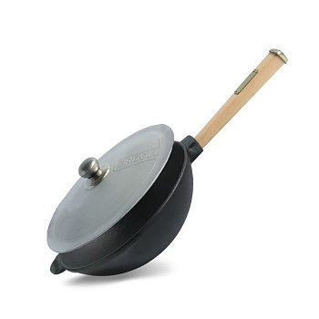 Сковорода чавунна BRIZOLL з дерев'яною ручкою та алюмінієвою кришкою WOK 2,2 л Сковорода чавунна BRIZOLL з дерев'яною ручкою та алюмінієвою кришкою WOK 2,2 л