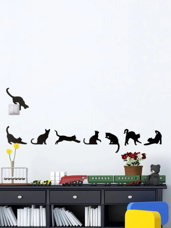 Глянцева наклейка настінна акрилова дзеркальна для декору "Кішки" 8 шт. чорна