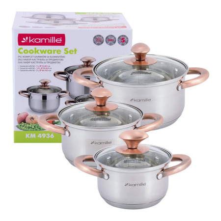 Набір каструль Kamille з нержавіючої сталі 6 предметів, для індукції та газу (1.0 л, 1.5 л, 2.0 л) KM-4936
