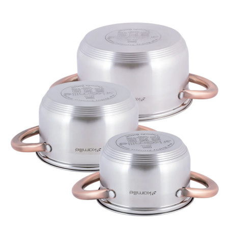 Набір каструль Kamille з нержавіючої сталі 6 предметів, для індукції та газу (1.0 л, 1.5 л, 2.0 л) KM-4936