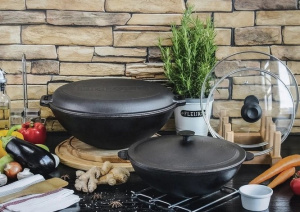 Казан чугунный BRIZOLL WOK 8 л с чугунной крышкой-сковородкой Гриль W36-3 фото 2 Казан чугунный BRIZOLL WOK 8 л с чугунной крышкой-сковородкой Гриль W36-3 фото 2