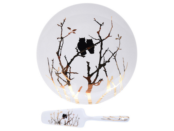 Блюдо для торта с лопаткой Lefard Золотые Совушки 27 см 924-510 фото 1