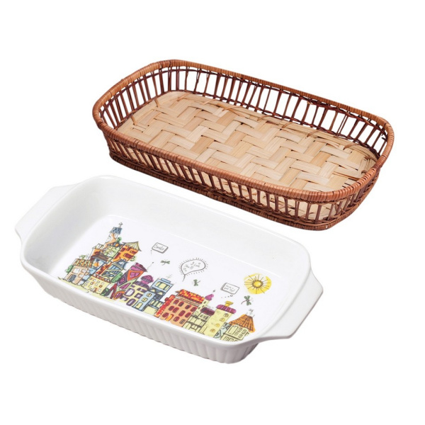 Форма Kamille керамічна для запікання прямокутна з ротанговим кошиком фото 4