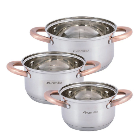 Набір каструль Kamille з нержавіючої сталі 6 предметів, для індукції та газу (1.0 л, 1.5 л, 2.0 л) KM-4936