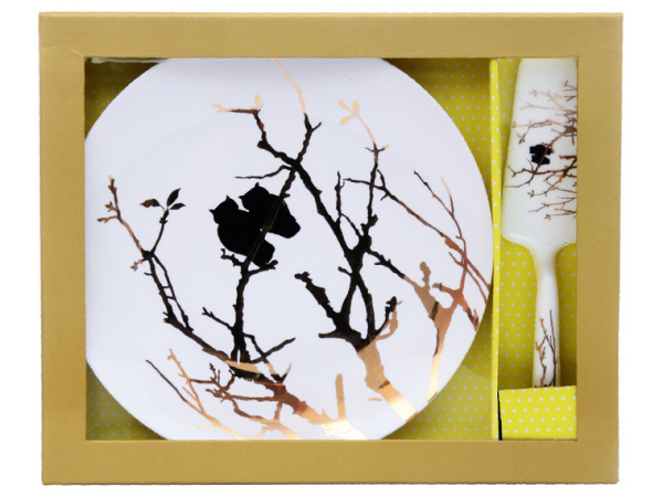 Блюдо для торта с лопаткой Lefard Золотые Совушки 27 см 924-510 фото 2