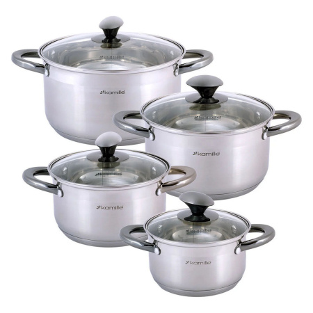 Набір каструль Kamille з нержавіючої сталі, 8 предметів, для індукції та газу (1.5 л, 2.0 л, 3.0 л, 5.0 л) KM-4927
